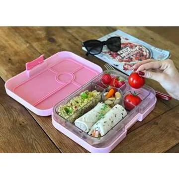 Yumbox Tapas Leakproof Bento Box, Lunch box for women, Teens and Kids, Large size, 4 compartment tray with large section for sandwich, salads plus sides and dip well (Capri Pink - Rainbow)