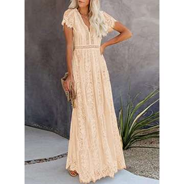 Bdcoco Women's V Neck Floral Lace Wedding Dress Short Sleeve Bridesmaid Evening Party Maxi Dress Apricot