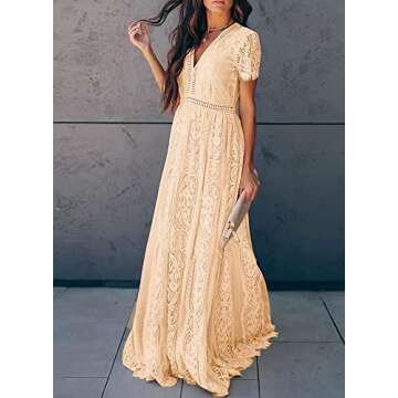 Bdcoco Women's V Neck Floral Lace Wedding Dress Short Sleeve Bridesmaid Evening Party Maxi Dress Apricot