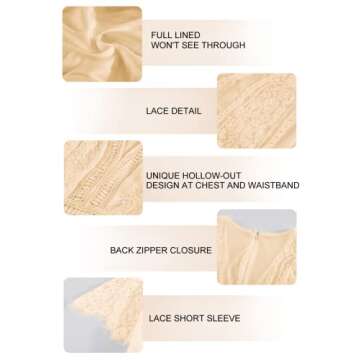 Bdcoco Women's V Neck Floral Lace Wedding Dress Short Sleeve Bridesmaid Evening Party Maxi Dress Apricot