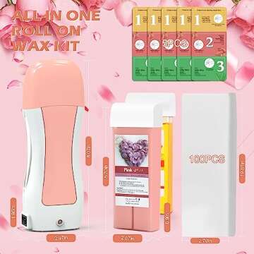 Roll On Waxing Kit, Depilatory Roll On Wax Warmer for Hair Removal with 2 Rose Cartridges Refill 10 Wax-removing Wipes and 100pcs Wax Strips, At Home for Women and Men