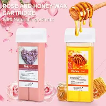 Roll On Waxing Kit, Depilatory Roll On Wax Warmer for Hair Removal with 2 Rose Cartridges Refill 10 Wax-removing Wipes and 100pcs Wax Strips, At Home for Women and Men