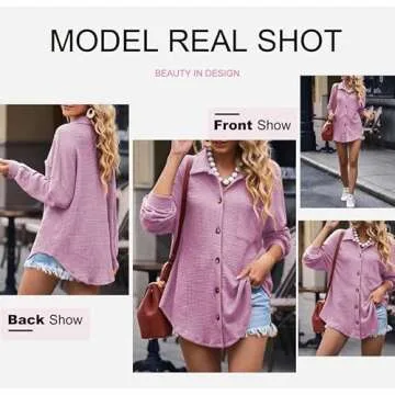 Dokotoo Women Waffle Knit Tops Long Sleeve Plus Size Shirts Lightweight Collared V Neck Button Up Bl...