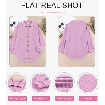 Dokotoo Women Waffle Knit Tops Long Sleeve Plus Size Shirts Lightweight Collared V Neck Button Up Blouses Casual Fashion 2024 Spring Fashion Shacket Jacket Purple Medium