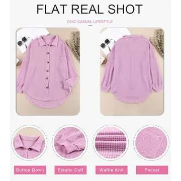Dokotoo Women Waffle Knit Tops Long Sleeve Plus Size Shirts Lightweight Collared V Neck Button Up Blouses Casual Fashion 2024 Spring Fashion Shacket Jacket Purple Medium