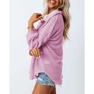 Dokotoo Women Waffle Knit Tops Long Sleeve Plus Size Shirts Lightweight Collared V Neck Button Up Blouses Casual Fashion 2024 Spring Fashion Shacket Jacket Purple Medium
