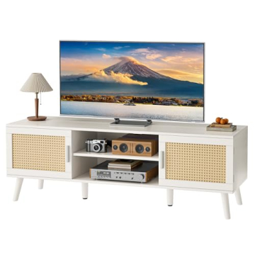 SUPERJARE 65 Inch TV Stand, Entertainment Center with Adjustable Shelf, Rattan TV Console with 2 Cab...
