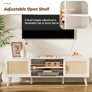SUPERJARE 65 Inch TV Stand with Rattan Accents and Storage