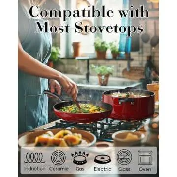 Cook N Home Pots and Pans Nonstick Cookware Set 12-Piece, Kitchen Cooking Set with Frying Pans and Saucepans, Induction Compatible, Marble Red