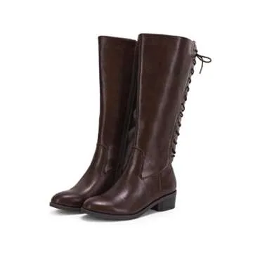 Niwista Womens Lace Up Knee High Boots Chunky Heel Mid Calf Side Zipper Winter Riding Shoes