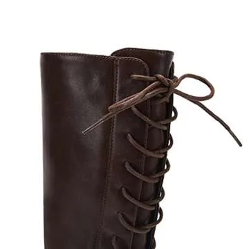 Niwista Womens Lace Up Knee High Boots Chunky Heel Mid Calf Side Zipper Winter Riding Shoes