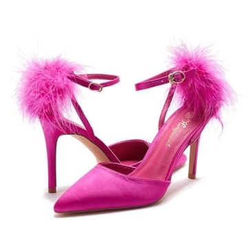 hingswink Women's Pink Pointed Toe Fluffy Feather Fur Strappy Stiletto High Heels Sandals Fancy Clos...