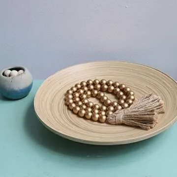 Meplait 39in Wood Bead Garland Farmhouse with Tassels,Versatile Prayer Beads Boho Chic Wall Hanging Home Decor (Gold)