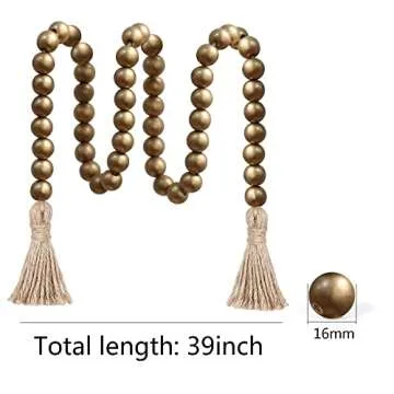 Meplait 39in Wood Bead Garland Farmhouse with Tassels,Versatile Prayer Beads Boho Chic Wall Hanging Home Decor (Gold)
