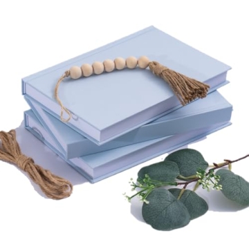 Decorative Books - Set of 3 Fabric Decorative Books for Home Decor with Fake Leaves and Wood Bead Garland, Coastal Decor, Coffee Table Books Decor, Bookshelf Decor