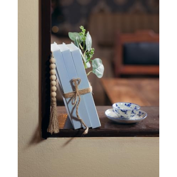 Decorative Books - Set of 3 Fabric Decorative Books for Home Decor with Fake Leaves and Wood Bead Garland, Coastal Decor, Coffee Table Books Decor, Bookshelf Decor