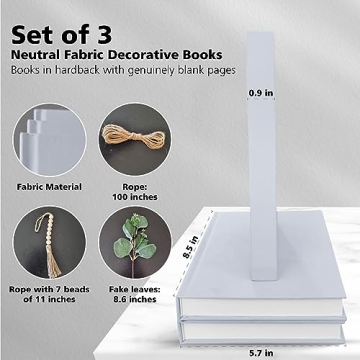 Decorative Books - Set of 3 Fabric Decorative Books for Home Decor with Fake Leaves and Wood Bead Garland, Coastal Decor, Coffee Table Books Decor, Bookshelf Decor