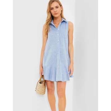 Malajisi Women's Elegant Sleeveless Summer Shirt Dress with Ruffle Hem (XL, Blue)