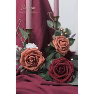 Floroom Artificial Flowers 25pcs Real Looking Burgundy Foam Fake Roses with Stems for DIY Wedding Bouquets Red Bridal Shower Centerpieces Party Decorations