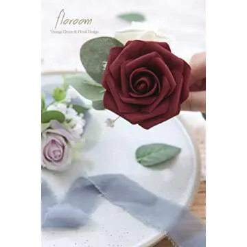 Floroom Artificial Flowers 25pcs Real Looking Burgundy Foam Fake Roses with Stems for DIY Wedding Bouquets Red Bridal Shower Centerpieces Party Decorations