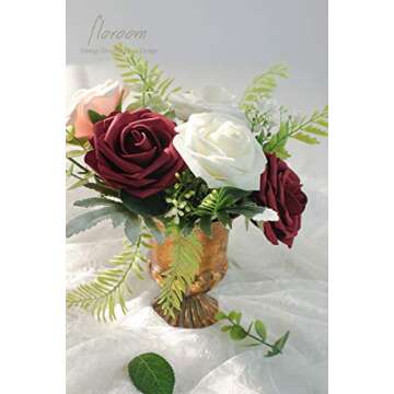 Floroom Artificial Flowers 25pcs Real Looking Burgundy Foam Fake Roses with Stems for DIY Wedding Bouquets Red Bridal Shower Centerpieces Party Decorations