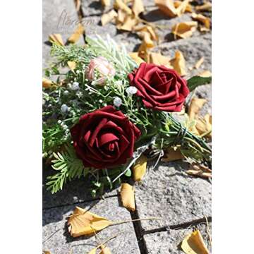 Floroom Artificial Flowers 25pcs Real Looking Burgundy Foam Fake Roses with Stems for DIY Wedding Bouquets Red Bridal Shower Centerpieces Party Decorations