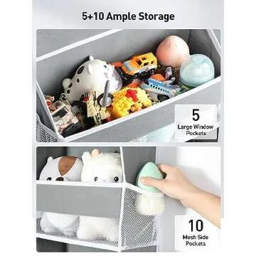 Yecaye 1 Pc Over The Door Organizer with 5 Bins 10 Side Pockets, 44lbs Load Hanging Bathroom Organizer, No Tilt Closet Organizers and Storage for Bedroom, Baby Organizer for Extra Storage, Grey