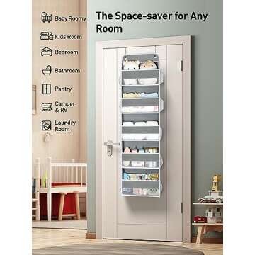 Yecaye 1 Pc Over The Door Organizer with 5 Bins 10 Side Pockets, 44lbs Load Hanging Bathroom Organizer, No Tilt Closet Organizers and Storage for Bedroom, Baby Organizer for Extra Storage, Grey