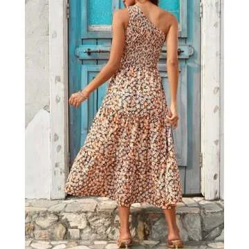 BTFBM 2025 Summer One Shoulder Dresses for Women Casual Sleeveless High Waist Floral Flowy Smocked Boho Beach Maxi Dress(Floral Black Yellow, X-Large)