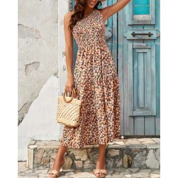 BTFBM 2025 Summer One Shoulder Dresses for Women Casual Sleeveless High Waist Floral Flowy Smocked Boho Beach Maxi Dress(Floral Black Yellow, X-Large)
