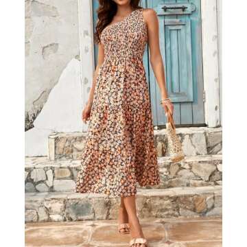 BTFBM 2025 Summer One Shoulder Dresses for Women Casual Sleeveless High Waist Floral Flowy Smocked Boho Beach Maxi Dress(Floral Black Yellow, X-Large)