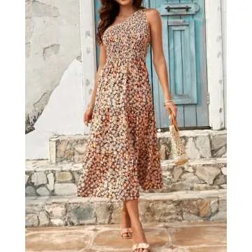 BTFBM 2025 Summer One Shoulder Dresses for Women Casual Sleeveless High Waist Floral Flowy Smocked Boho Beach Maxi Dress(Floral Black Yellow, X-Large)