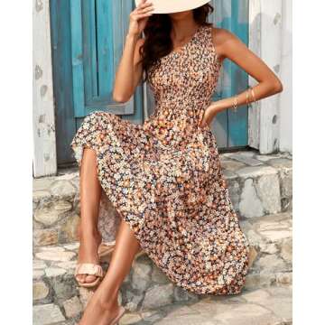 BTFBM 2025 Summer One Shoulder Dresses for Women Casual Sleeveless High Waist Floral Flowy Smocked Boho Beach Maxi Dress(Floral Black Yellow, X-Large)