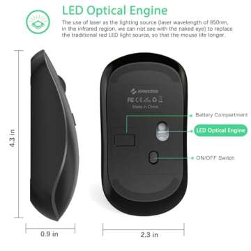 JOYACCESS Wireless Mouse, 2.4G Portable Slim Silent Computer Mouse Wireless with USB Nano Receiver, 2400 DPI, for Notebook, Laptop, PC - Black