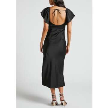 Summer Satin Flutter Sleeve Wedding Guest Dresses for Women Sweetheart Neckline Cutout Tie Back Midi Cocktail Dress Black