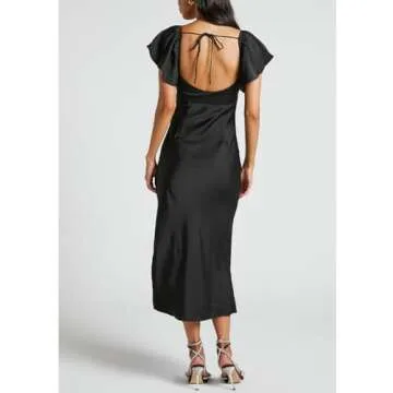 Summer Satin Flutter Sleeve Wedding Guest Dresses for Women Sweetheart Neckline Cutout Tie Back Midi Cocktail Dress Black