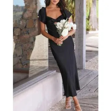 Summer Satin Flutter Sleeve Wedding Guest Dresses for Women Sweetheart Neckline Cutout Tie Back Midi Cocktail Dress Black
