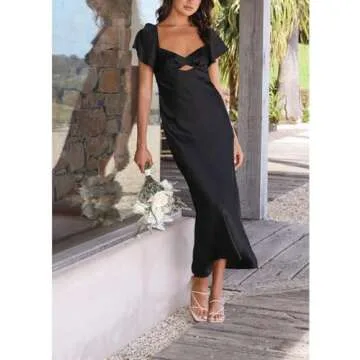 Summer Satin Flutter Sleeve Wedding Guest Dresses for Women Sweetheart Neckline Cutout Tie Back Midi Cocktail Dress Black