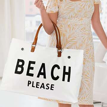 Lamyba Beach Bags Waterproof Sandproof, Extra Large Beach Bag Tote for Women with Vegan Leather, Packable Foldable Travel Totes for Summer Vacation, Pink