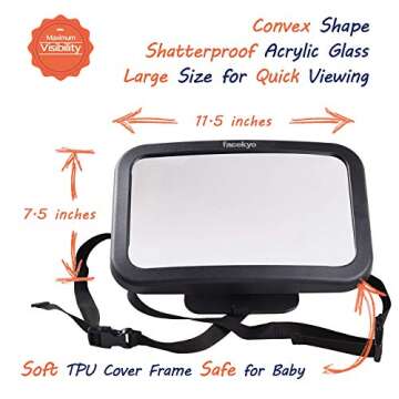 Facekyo Back Seat Baby Mirror | Wide Crystal Clear View | Rear Facing Car Seat Mirror | Shatterproof | Easy to Install | Keep an Eye on Your Baby While Driving
