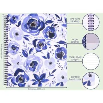 Steel Mill & Co Cute Large Spiral Notebook College Ruled, 11" x 9.5" with Durable Hardcover and 160 Lined Pages, Watercolor Floral (White)