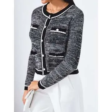 MakeMeChic Women's Cropped Cardigan Pearl Button Down Knit Open Front Sweaters Outerwear Apricot L C-Black Large