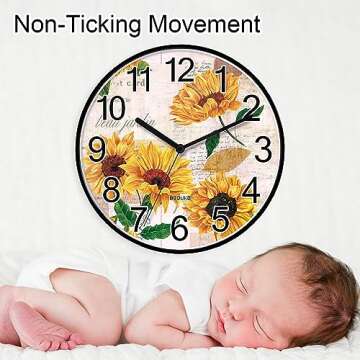 BEDUKE Non Ticking Wall Clock Silent Quartz Retro Sunflowers Large Number Classroom Bedroom Living Room Office Gym Kitchen Bathroom Patio Decor Battery Operated Decorative Clocks 11 Inch Wallclock