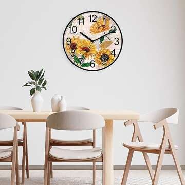 BEDUKE Non Ticking Wall Clock Silent Quartz Retro Sunflowers Large Number Classroom Bedroom Living Room Office Gym Kitchen Bathroom Patio Decor Battery Operated Decorative Clocks 11 Inch Wallclock