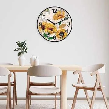 BEDUKE Non Ticking Wall Clock Silent Quartz Retro Sunflowers Large Number Classroom Bedroom Living Room Office Gym Kitchen Bathroom Patio Decor Battery Operated Decorative Clocks 11 Inch Wallclock