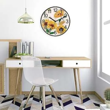 BEDUKE Non Ticking Wall Clock Silent Quartz Retro Sunflowers Large Number Classroom Bedroom Living Room Office Gym Kitchen Bathroom Patio Decor Battery Operated Decorative Clocks 11 Inch Wallclock