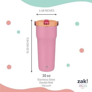 Zak Designs Sutton Travel Tumbler for On the Go, 30oz Stainless Steel with Vacuum Insulation, Straw Spout, Carry Handle for Cold Drinks (So Sweet Pink)