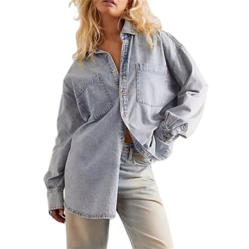 Women Vintage Denim Shirt Y2k Casual Loose Fit Drop Shoulder Long Sleeve Button Down Chambray Jean B...