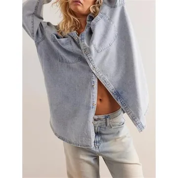 Women Vintage Denim Shirt Y2k Casual Loose Fit Drop Shoulder Long Sleeve Button Down Chambray Jean Blouse Retro Outfits