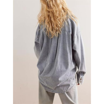 Women Vintage Denim Shirt Y2k Casual Loose Fit Drop Shoulder Long Sleeve Button Down Chambray Jean Blouse Retro Outfits